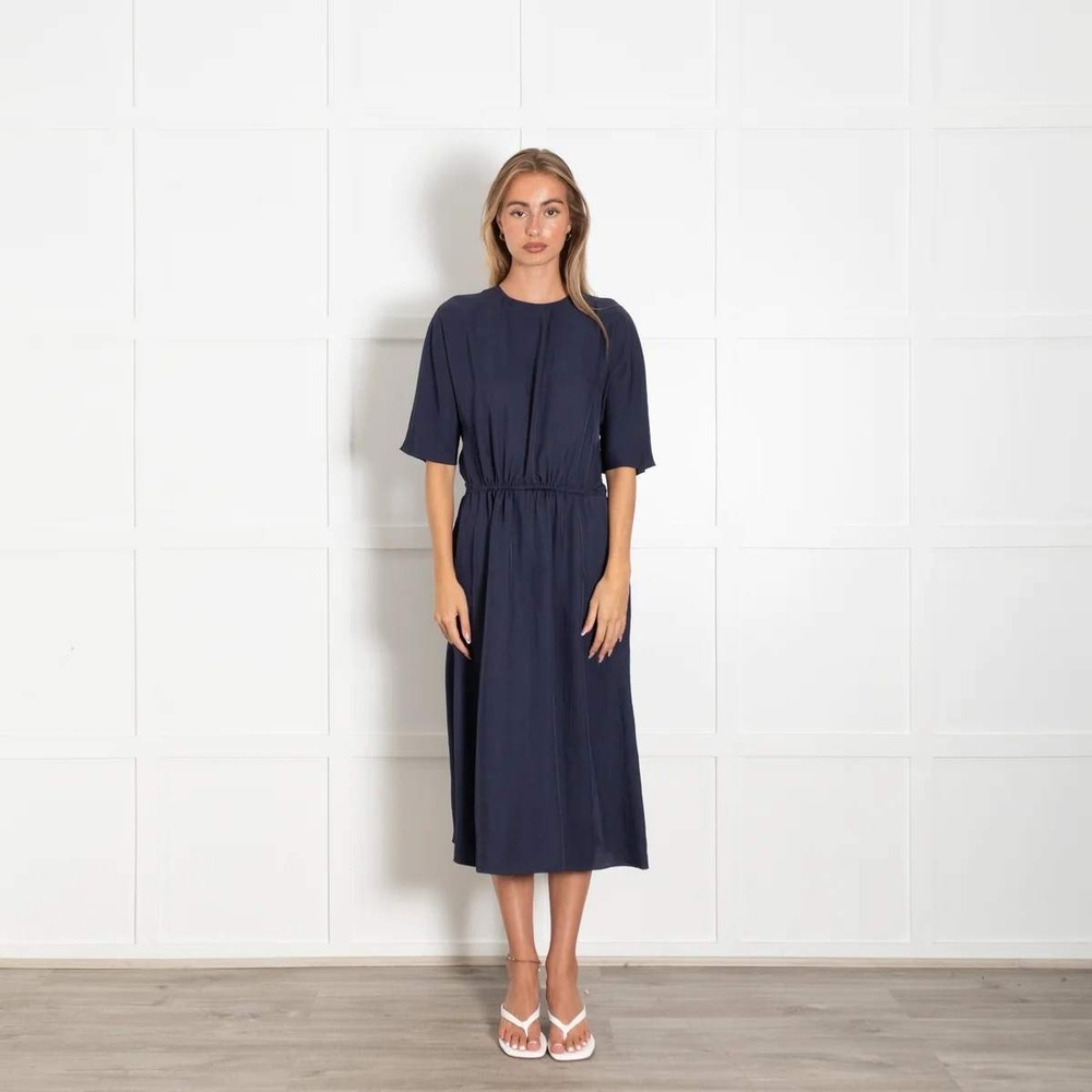 Vince Navy Blue Triacetate Short Sleeve Drawstring Waist Midi Dress Large